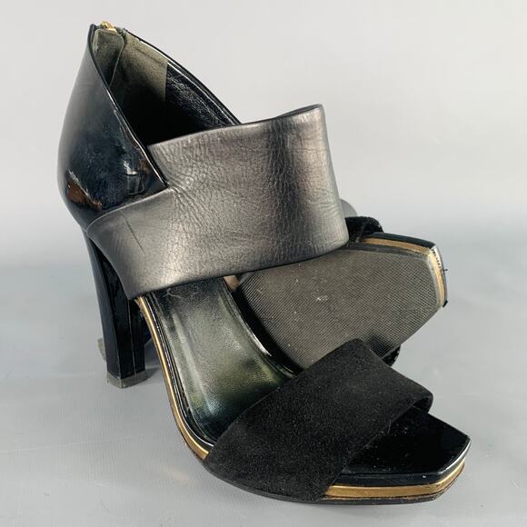 GUCCI Size 8.5 Black Gold Suede Patent Leather Ankle Sandals - Picture 5 of 11